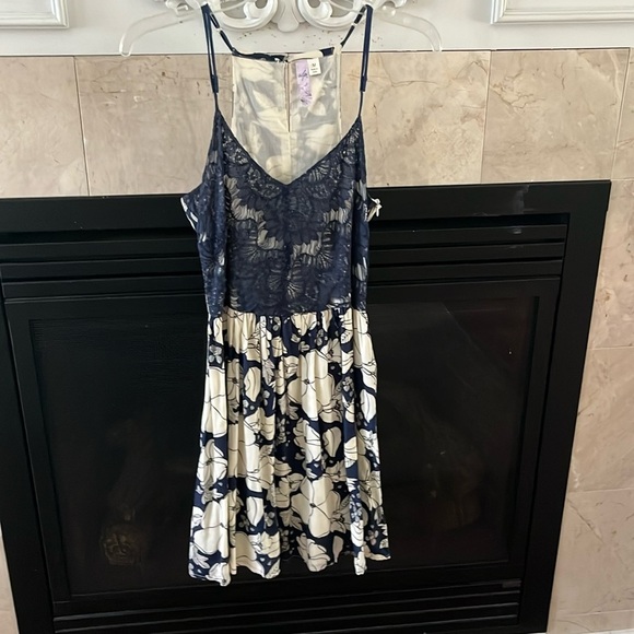 Navy Lace Dress with Cream Floral Skirt - Picture 1 of 8
